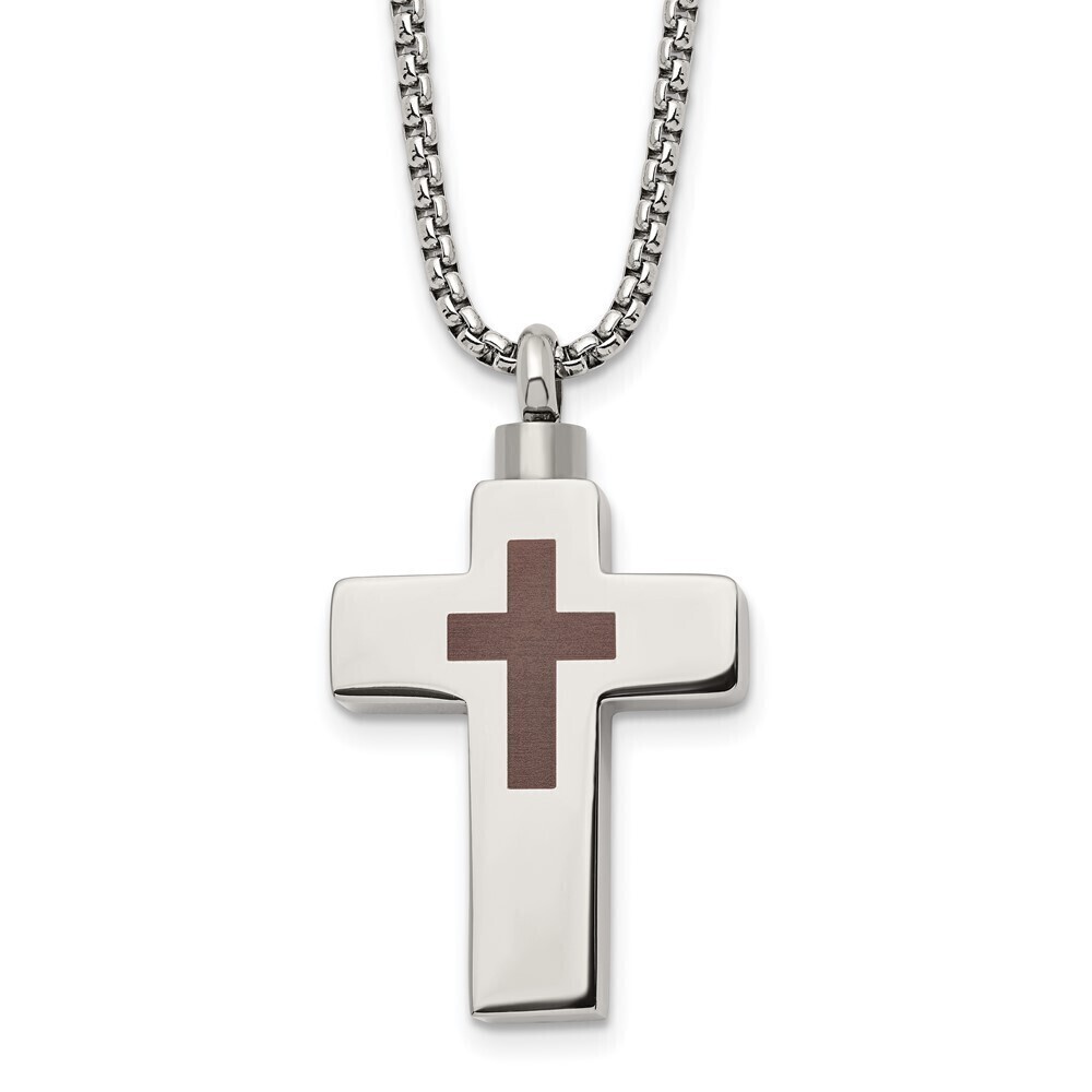 Kazi Luxury Stainless Steel Polished Lasered Cross Ash Holder 24in Necklace